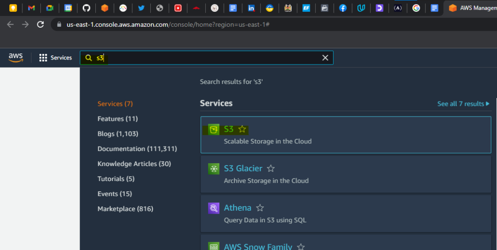 Search for s3 in "Search for service .." search box