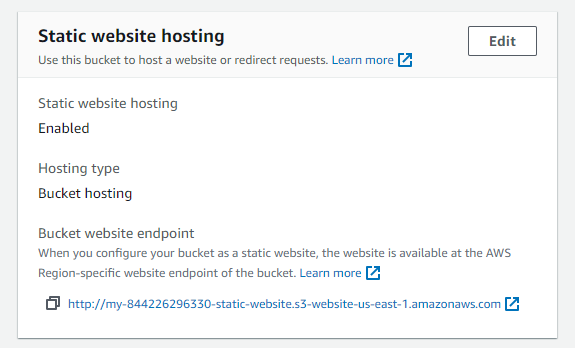 Static website hosting section with website link